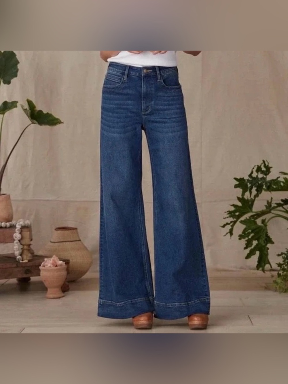 Driftwood Martha Wide Leg Jeans Med Blue Wash High Rise Sz 32 Boho Country Chic
